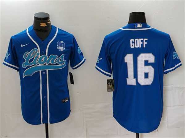 Men%27s Detroit Lions #16 Jared Goff Blue With 90th Anniversary Patch Cool Base Stitched Baseball Jersey->detroit lions->NFL Jersey